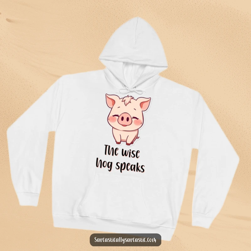 Funny Hoodie: Pig in a cozy hoodie, giving a knowing smile and subtle head nod, embodying hilarious shared secrets.