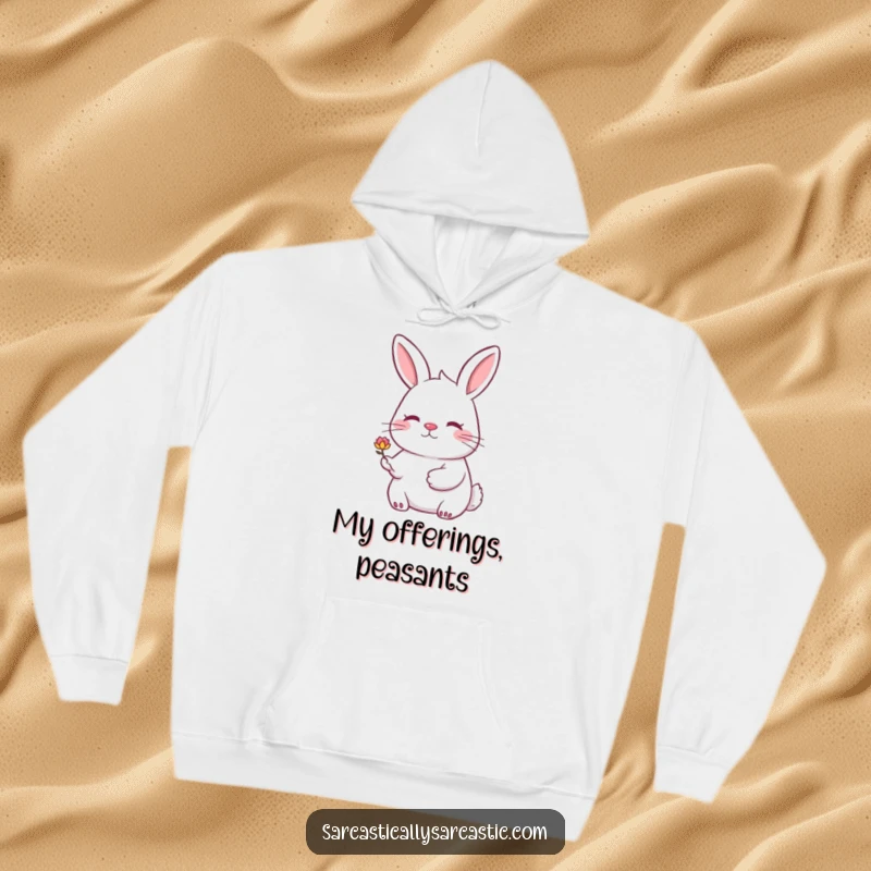 Funny rabbit hoodie featuring a rabbit with a knowing smile, offering a drooping flower. Cozy and humorous.