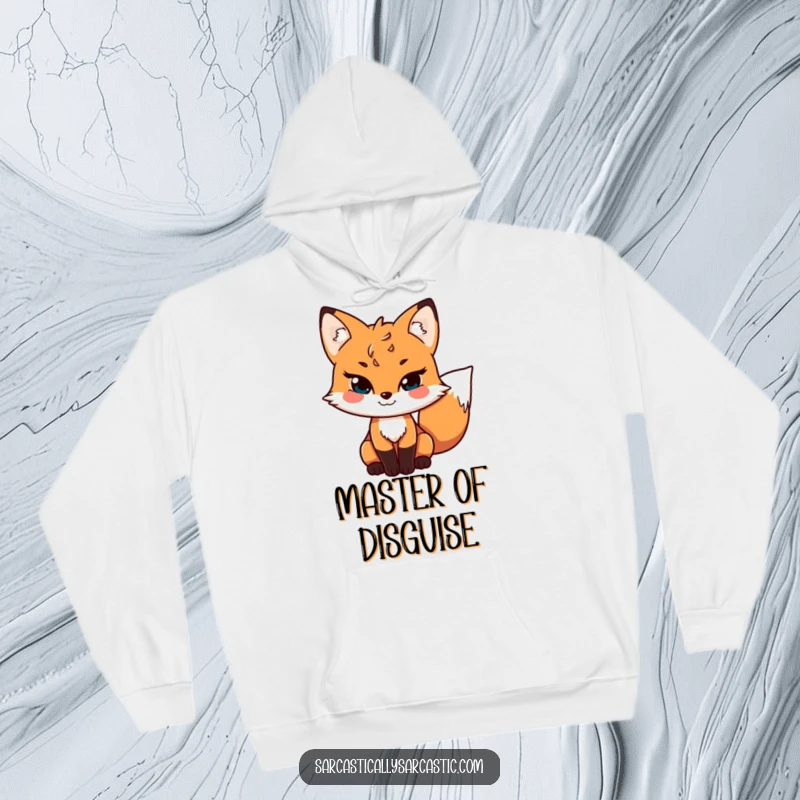 Funny hoodie with a mischievous fox character, sporting a sly grin and a subtly wagging tail, perfect for staying warm and witty.