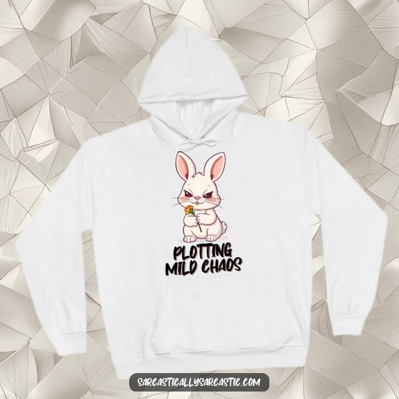 Funny hoodie with a sly rabbit grinning and holding a wilted flower, perfect for cozy mischief and a funny gift.