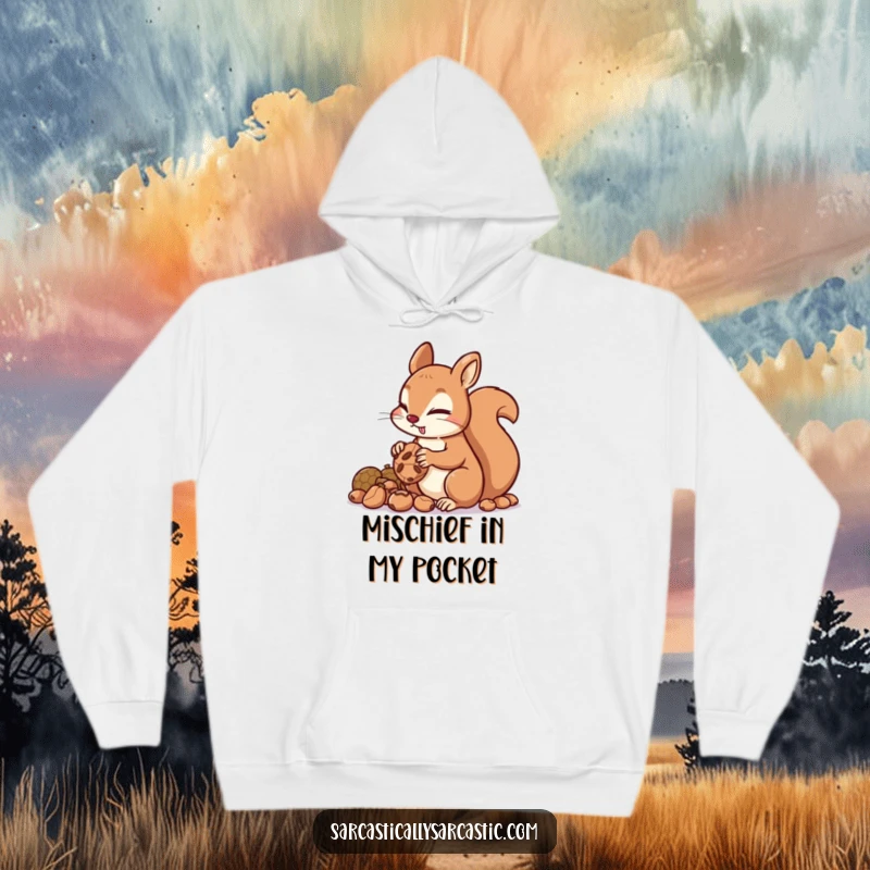 Funny squirrel hoodie showcasing a mischievous rodent with a glint in its eye hoarding nuts, offering warmth and witty charm.