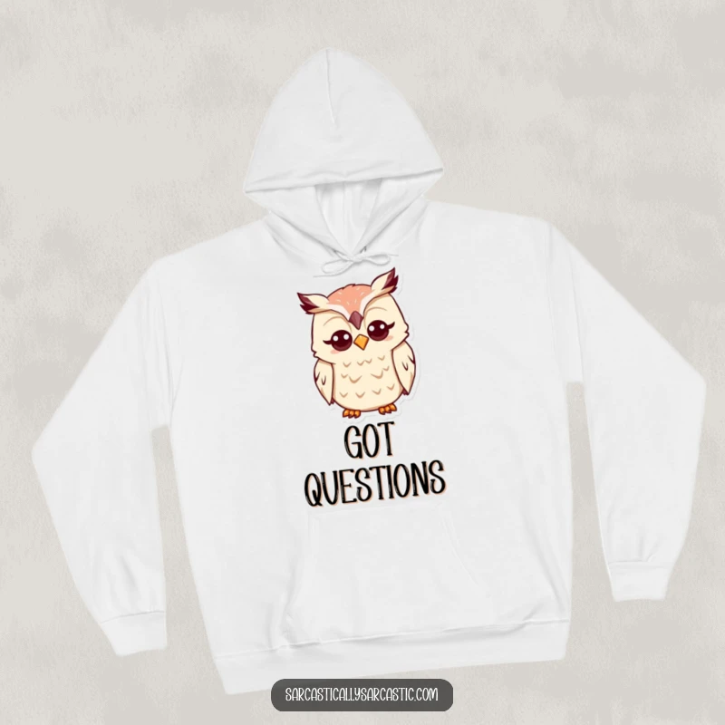 Funny Kawaii Owl Hoodie: A cute owl tilts its head with a funny, quizzical expression, perfect for cozy pondering.