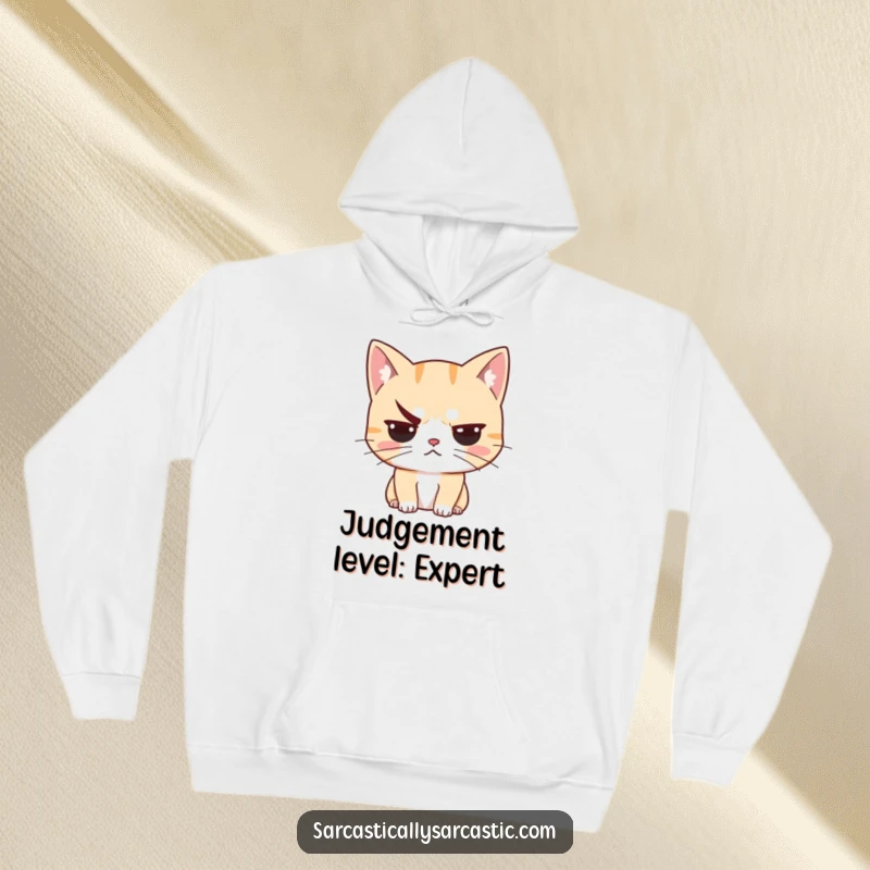 Funny unimpressed cat hoodie with a judgmental feline sporting a raised eyebrow, perfect for staying cozy while looking skeptical.