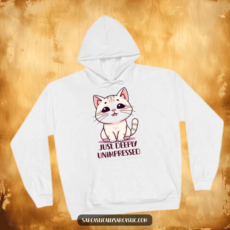 Funny hoodie featuring a kawaii cat in a dramatic, weary sigh, perfect for lounging and expressing a mood with relatable humor.