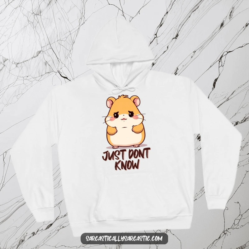 Funny Kawaii Hamster Hoodie: A cute hamster shrugs with a funny, deadpan look, perfect for cozy, humorous lounging.
