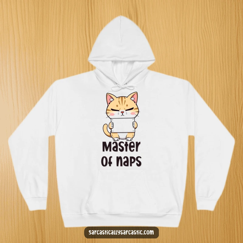 Funny, warm hoodie depicting a judgmental cat with narrowed eyes and a smirk, clutching a small sign.