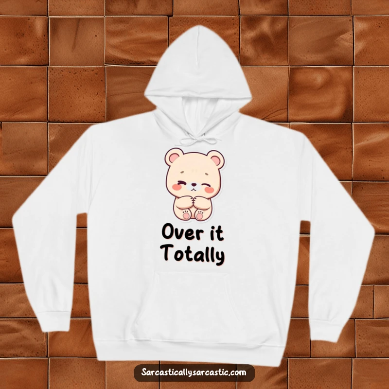 Funny eye-roll kawaii bear hoodie, character with crossed paws and a subtle eye-roll, soft and warm, perfect for lounging.