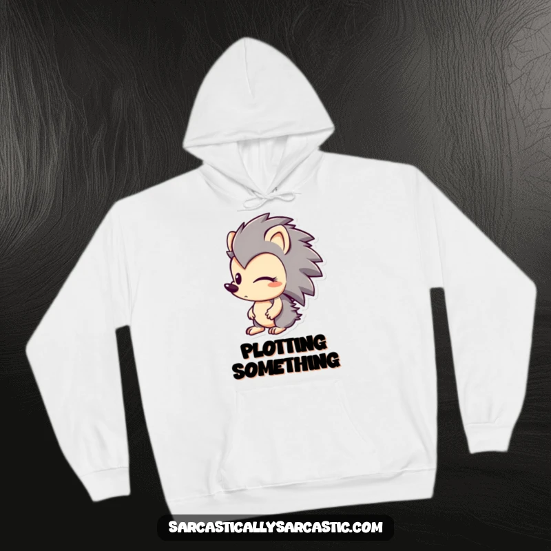 Funny hoodie showcasing a hedgehog character looking sideways with a subtle, mischievous smirk, embodying sly charm and playful secrets.