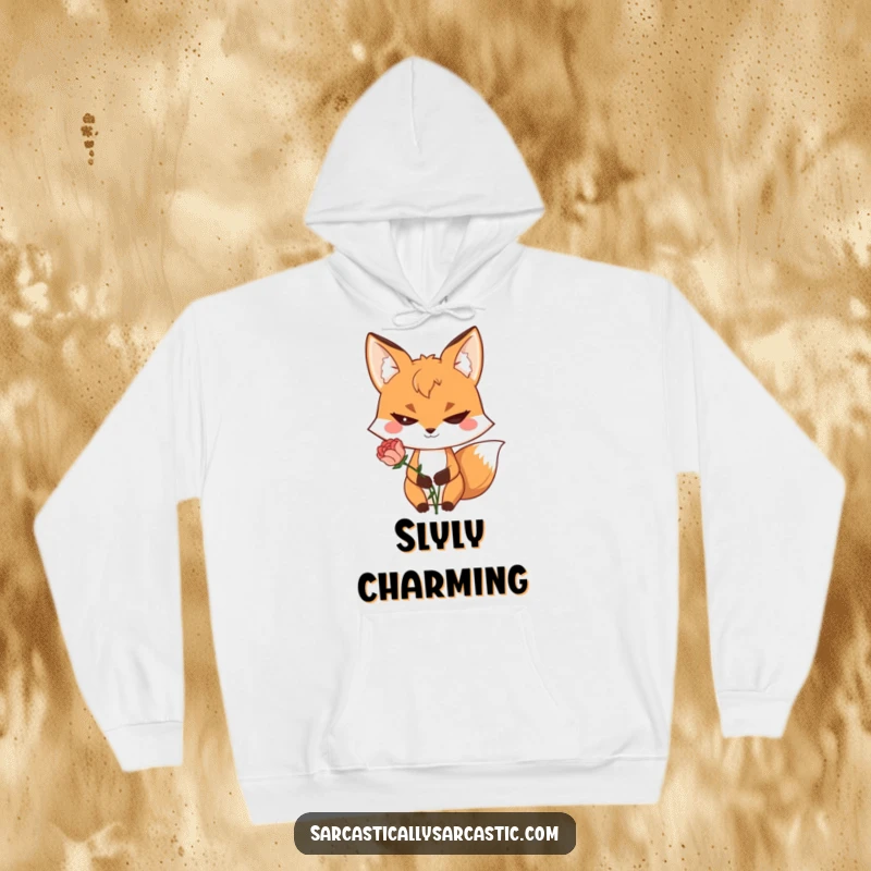 Funny hoodie depicting a sly fox with a cheeky grin holding a droopy, wilted flower, perfect for cozy humor.