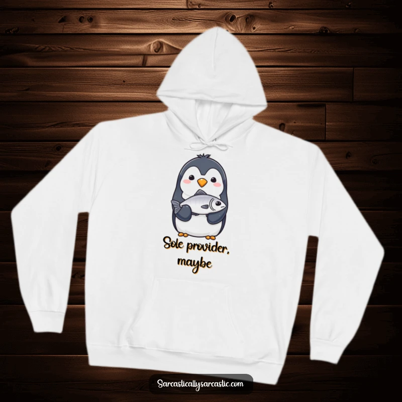 Funny Hoodie: A penguin with a completely straight face solemnly offers a single, slightly limp fish with its flipper.