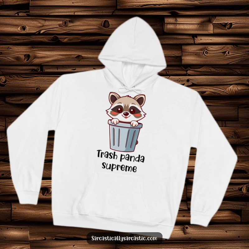Funny raccoon hoodie featuring a cheerful raccoon peeking from behind a trash can with a mischievous smirk.