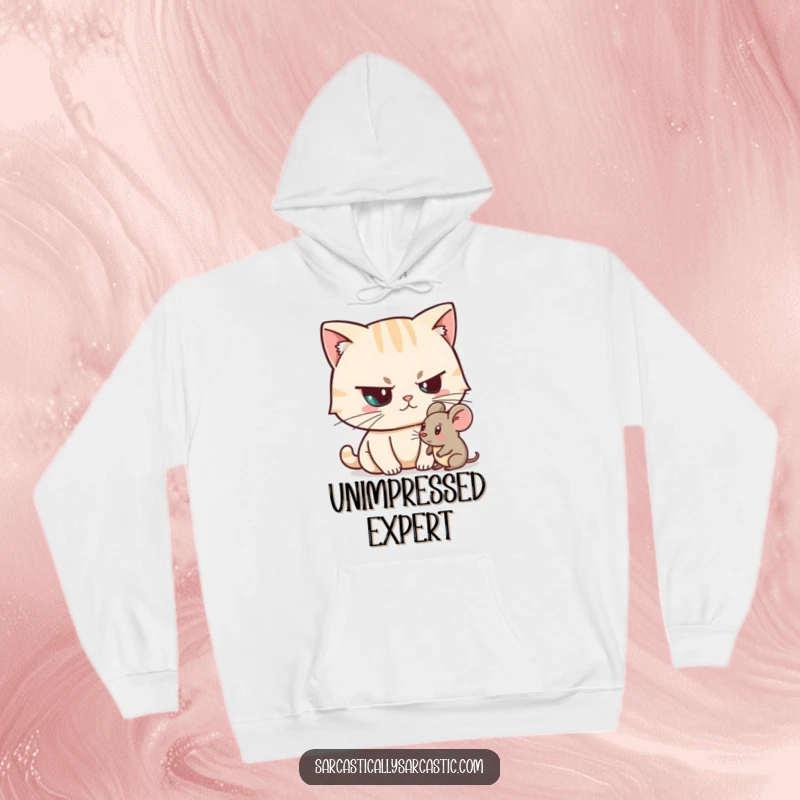 Funny Unimpressed Cat Hoodie featuring a sarcastic cat character raising an eyebrow at a toy mouse, cozy and funny gift.