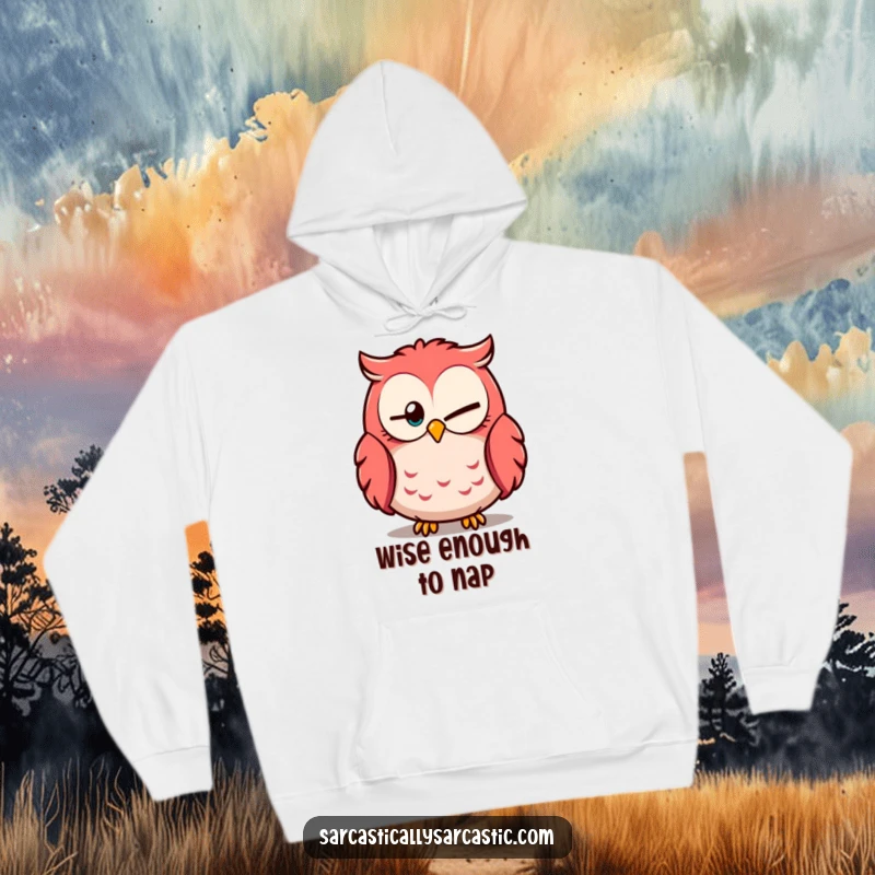 Funny owl hoodie, featuring an owl with one eye partially closed, looking knowingly, exuding intelligent charm.