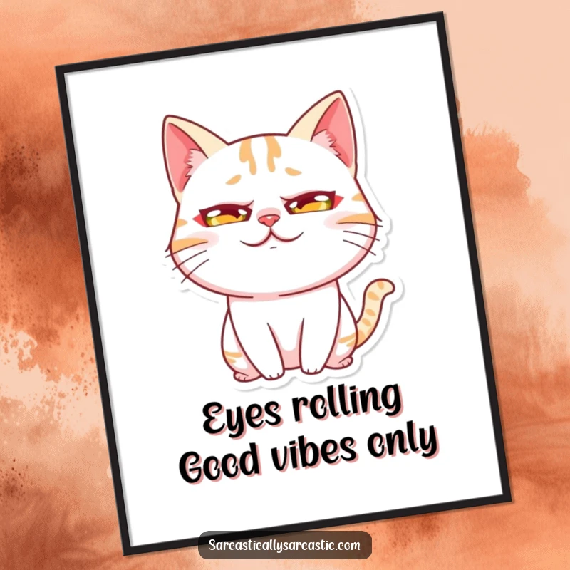 Funny Free Printable Wall Art showing a kawaii cat character with comically exaggerated rolling eyes, adding sass to your decor.