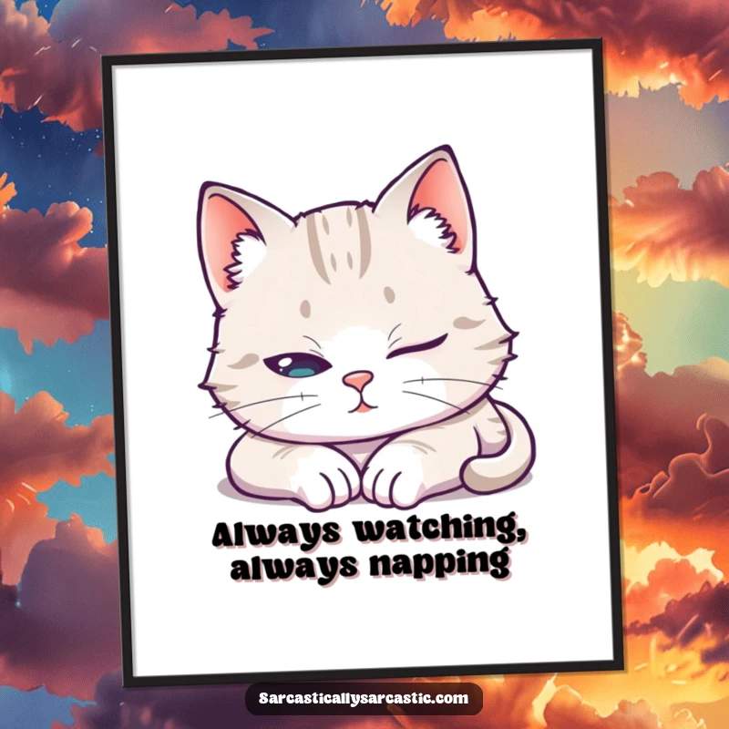 Funny Free Printable Wall Art: A cat pretending to sleep, with one eye suspiciously open.