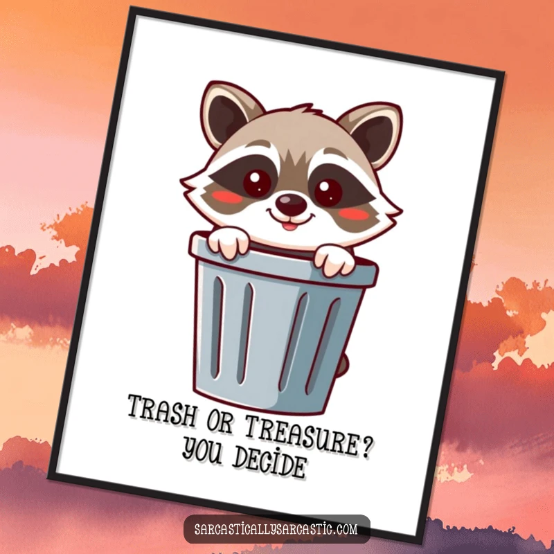 Funny Free Printable Wall Art: A cheerful raccoon peeking from a trash can with a mischievous smirk, adding character.