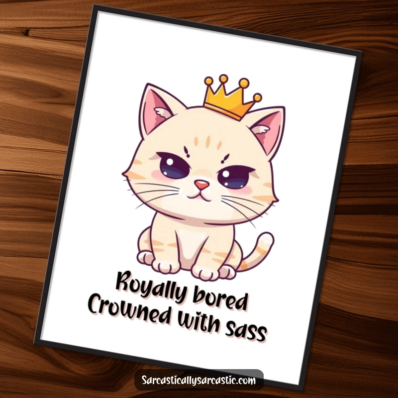 Funny Free Printable Wall Art: A cute cat wearing a small, majestic crown gives a deadpan stare, perfect for cat lovers.