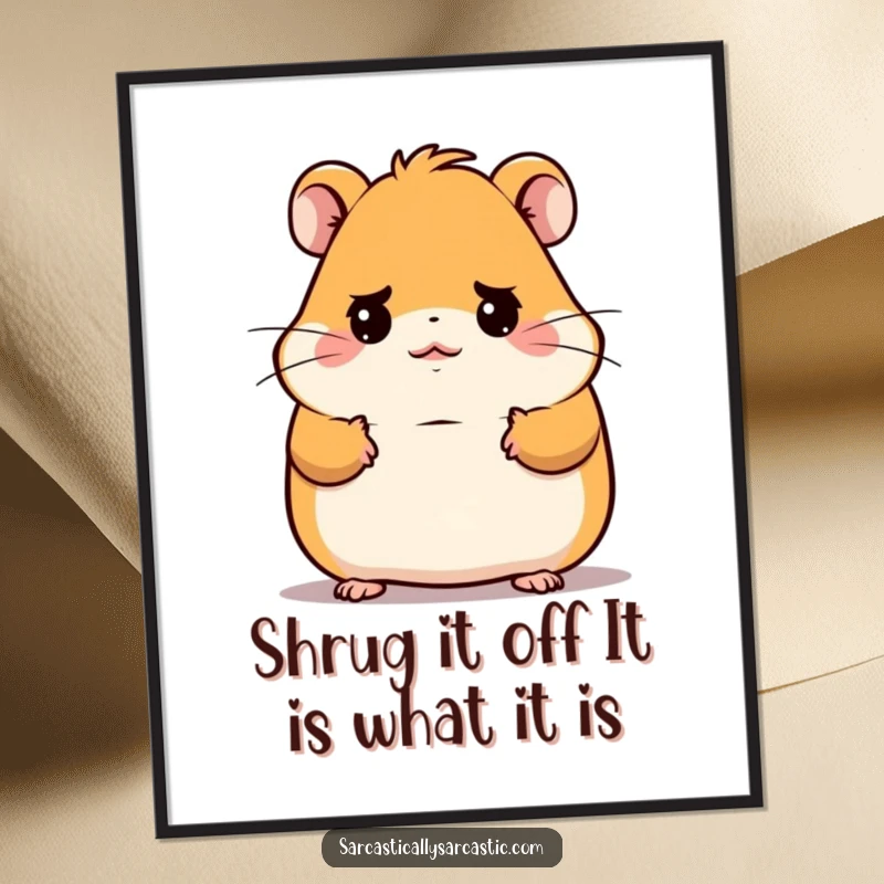 Funny Free Printable Wall Art: Kawaii hamster shrugging with a deadpan expression, a humorous and relatable art piece.