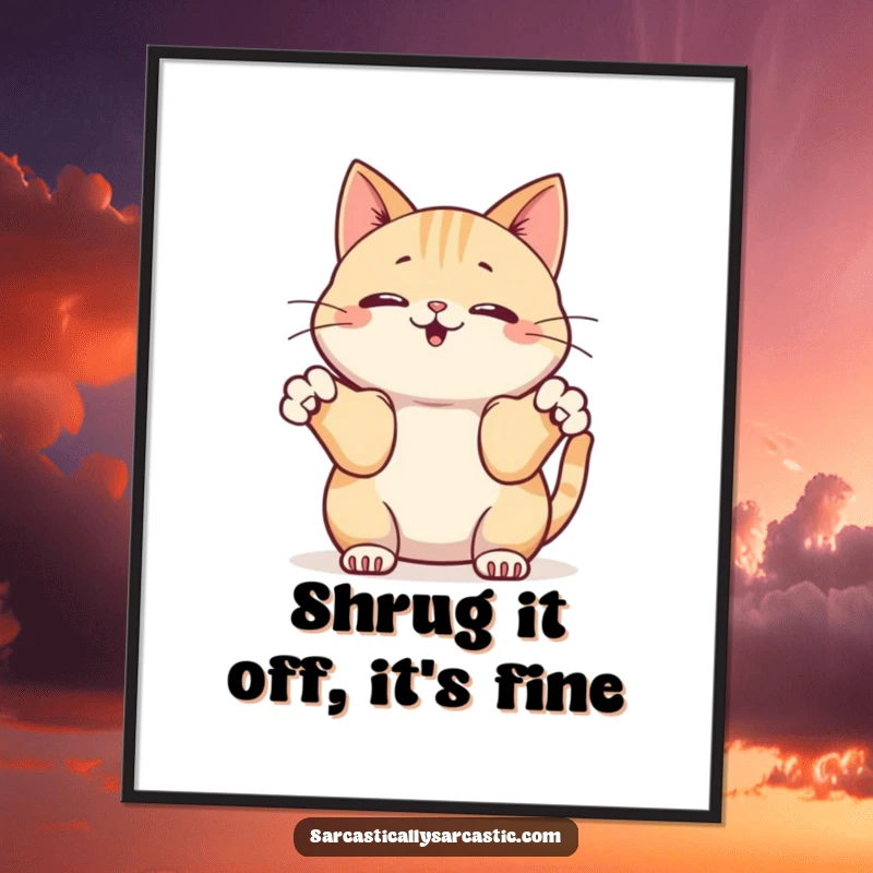 Funny Free Printable Wall Art: Kawaii cat innocently shrugging with its front paws, creating a charming and humorous scene.