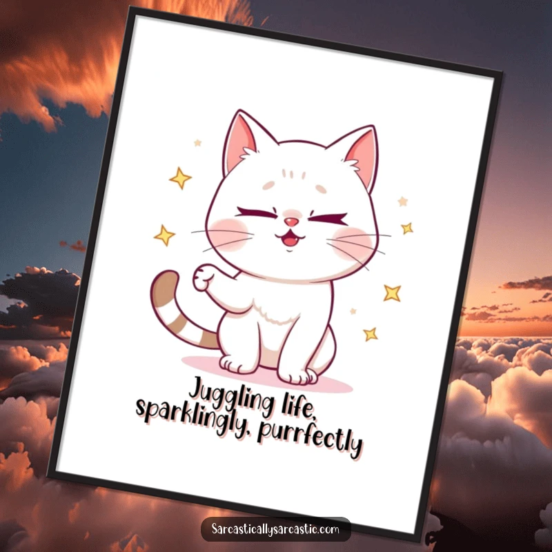 Free Printable Wall Art: A mischievous cat winks playfully while juggling small, glittering objects.