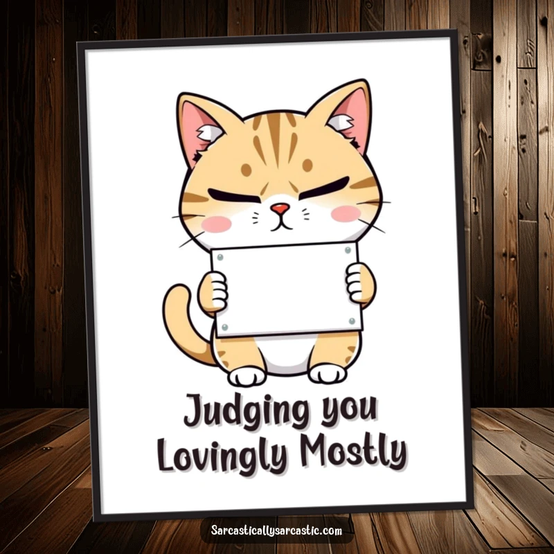 Funny Free Printable Wall Art featuring a cat with narrowed eyes and a smirk, holding a tiny sign with a sassy message.