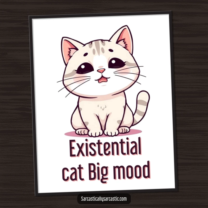 Funny Free Printable Wall Art: A kawaii cat exhaling a massive, dramatic sigh, capturing life's exhausting moments in cute art.