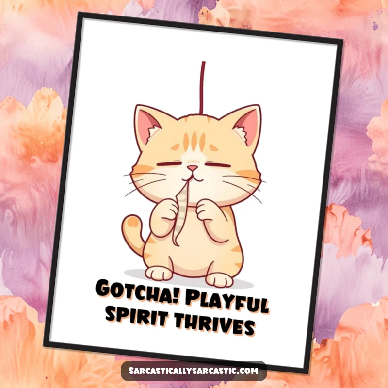 Funny Free Printable Wall Art: A cat with narrowed, focused eyes playfully bats at a dangling string, capturing pure feline entertainment.