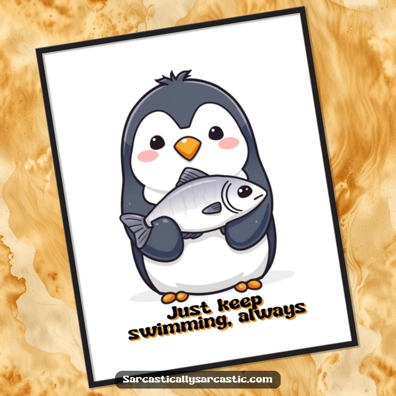 Funny Free Printable Wall Art featuring a penguin with a perfectly straight, unblinking face offering a single, somewhat sad, limp fish. Unique decor.