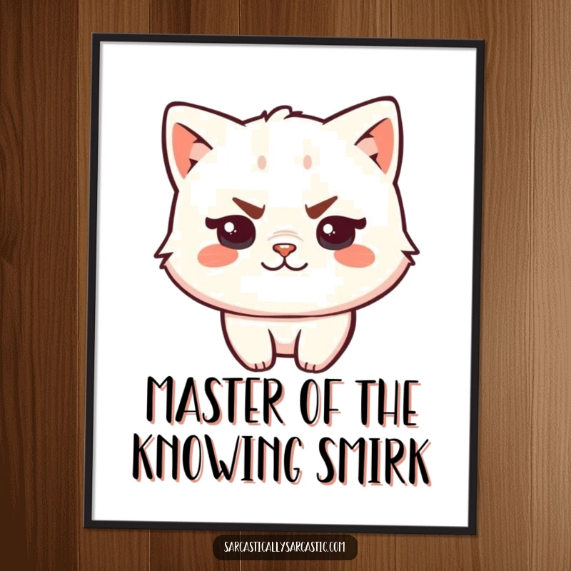 Funny Free Printable Wall Art of a kawaii cat with a raised eyebrow and a confident smirk, adding a humorous touch.