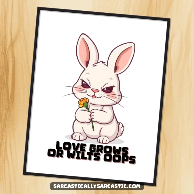 Funny Free Printable Wall Art: Rabbit with a sly grin, holding a tiny, wilted flower, looking sly.
