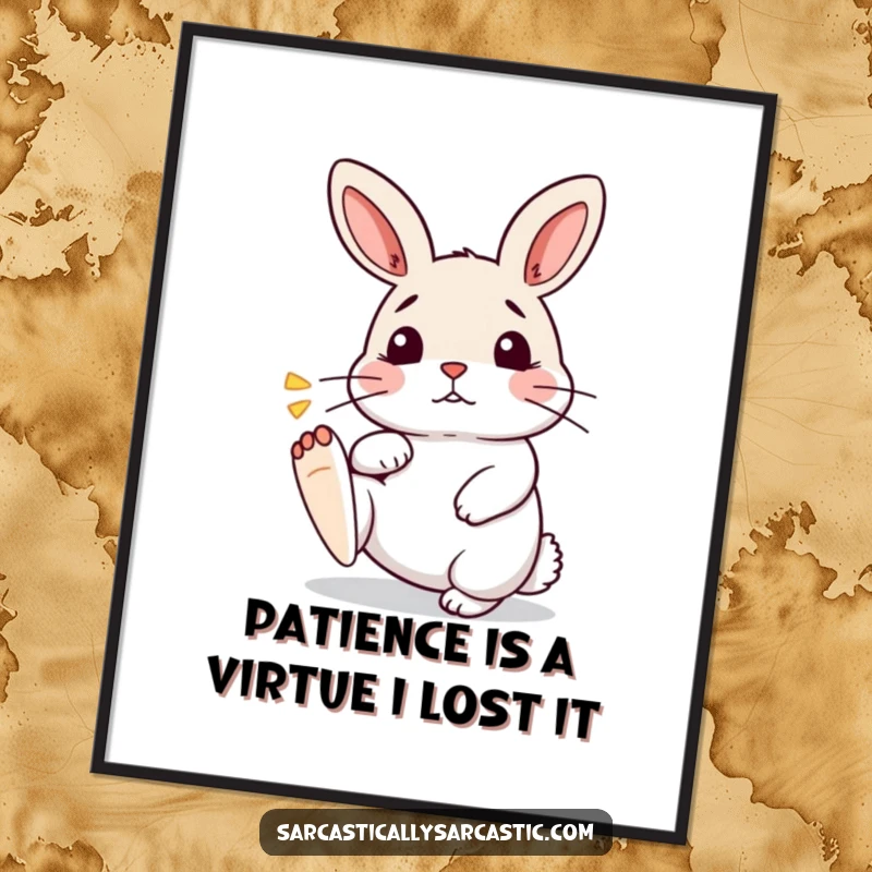 Funny Free Printable Wall Art: Impatient kawaii rabbit tapping its foot with a sigh, a humorous wall decoration.