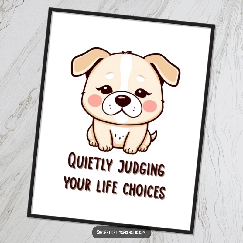 Funny Free Printable Wall Art of a kawaii dog sporting a completely deadpan expression and slightly drooped ears, radiating stoicism.