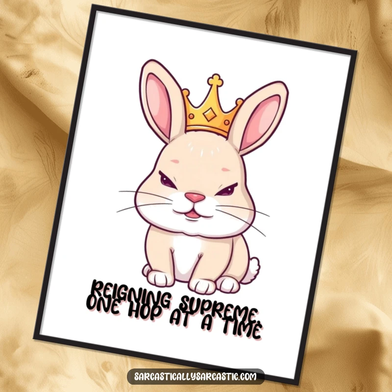 Funny Free Printable Wall Art: Slyly grinning rabbit wearing a tiny crown, exuding playful authority and regal charm.