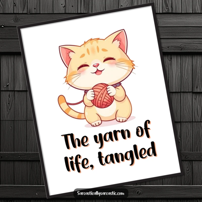 Funny Free Printable Wall Art: Smirking cat batting at a yarn ball, radiating mischievous energy and playful decor downloadable.