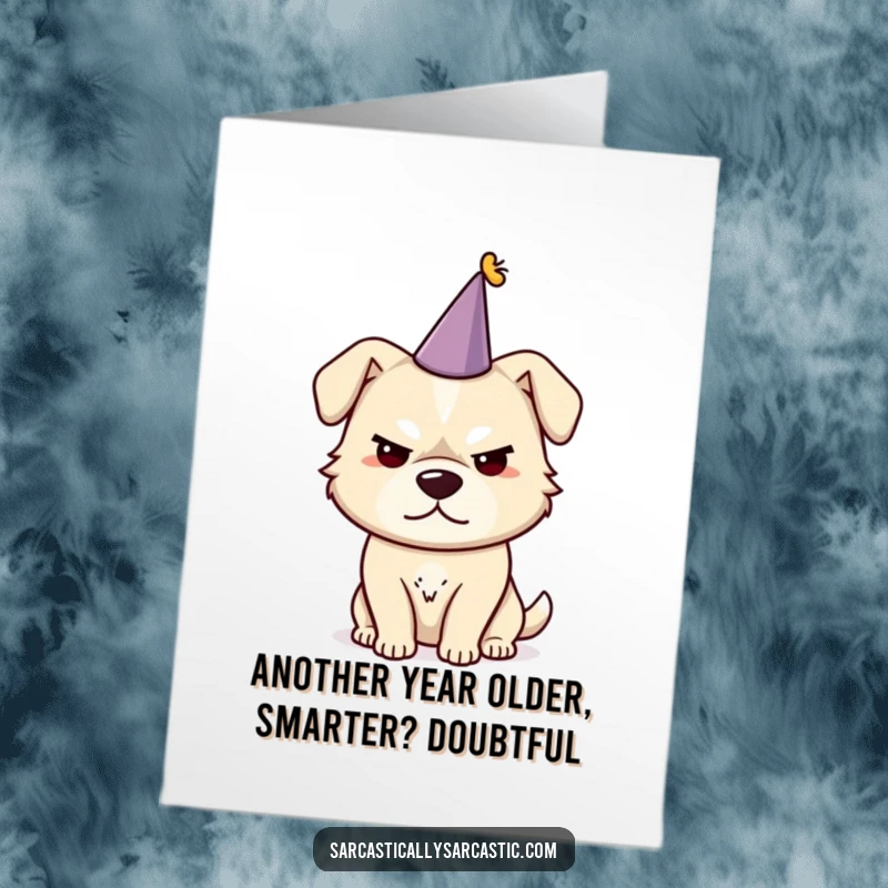 Funny Free Printable Birthday Card: Sarcastic dog in a crooked party hat, smirking with birthday wishes.