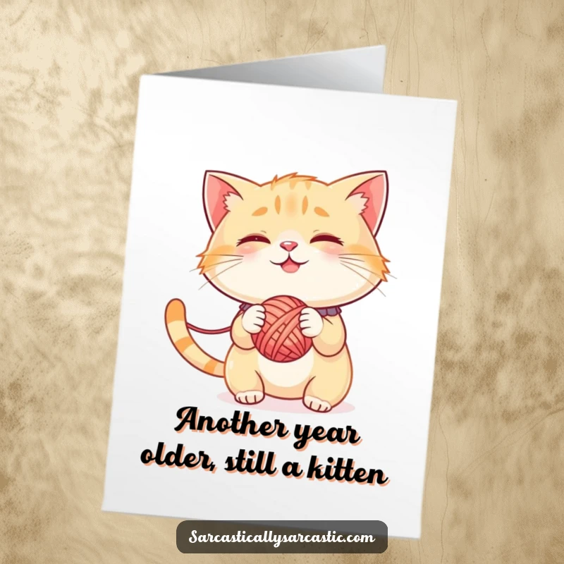 Funny Free Printable Birthday Card: Smirking cat batting yarn, ready to cause mischief, perfect for a playful celebration.