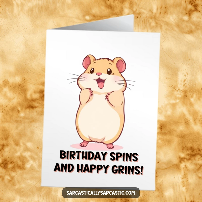 Funny Free Printable Birthday Card: Playful hamster doing a tiny somersault, celebrating birthdays with acrobatic glee.