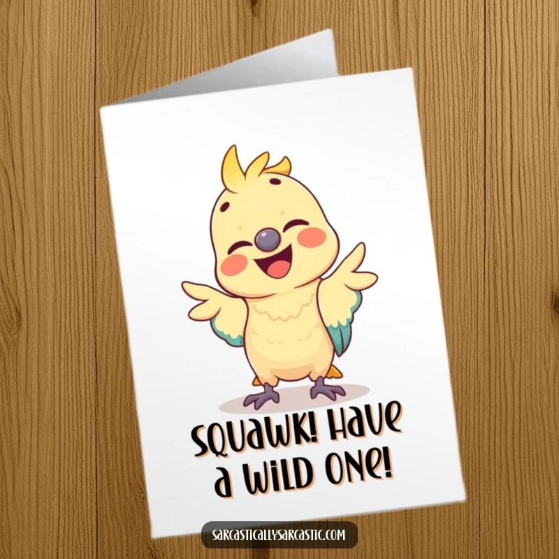 Funny Free Printable Birthday Card featuring a happy parrot hilariously mimicking a cheeky gesture, ready to deliver birthday wishes.