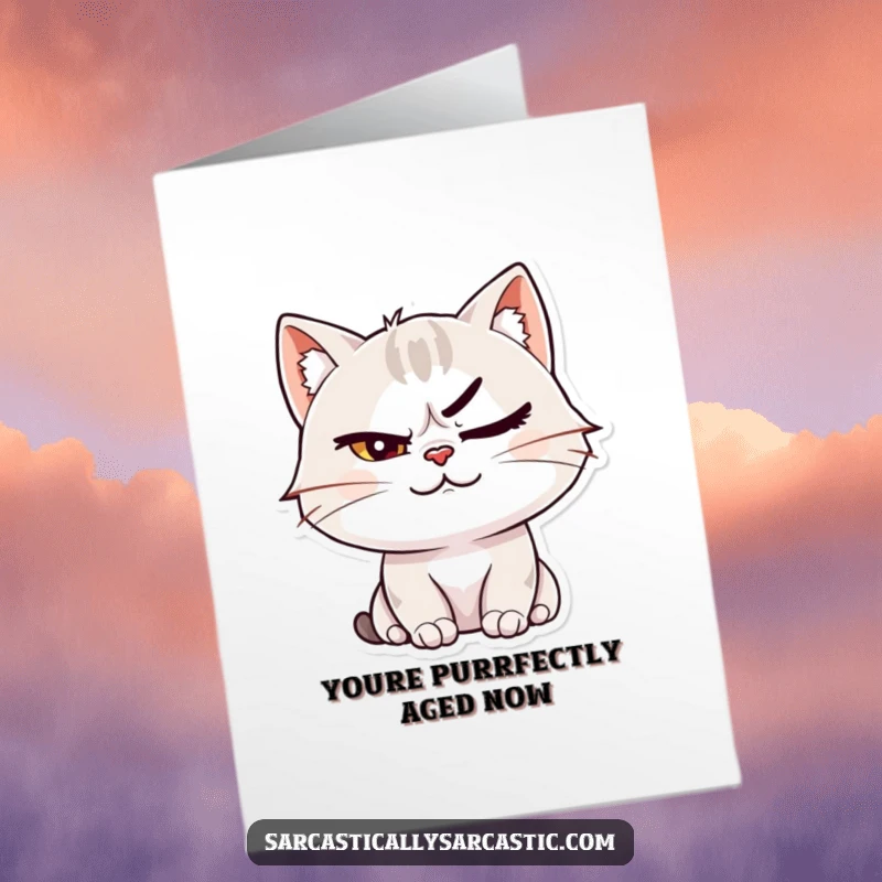 Funny Free Printable Birthday Card: A cat character smirks cheekily, raising one eyebrow in a classic 'I know something you don't' expression.