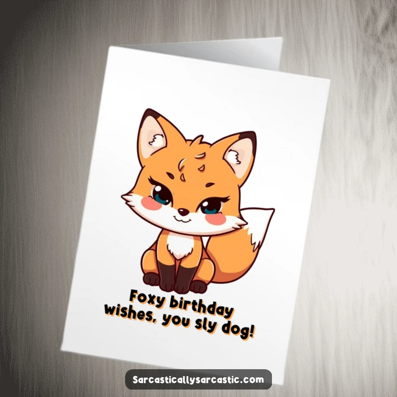 Free Printable birthday card featuring a sly fox with a grin and wagging tail, wishing a fun birthday.