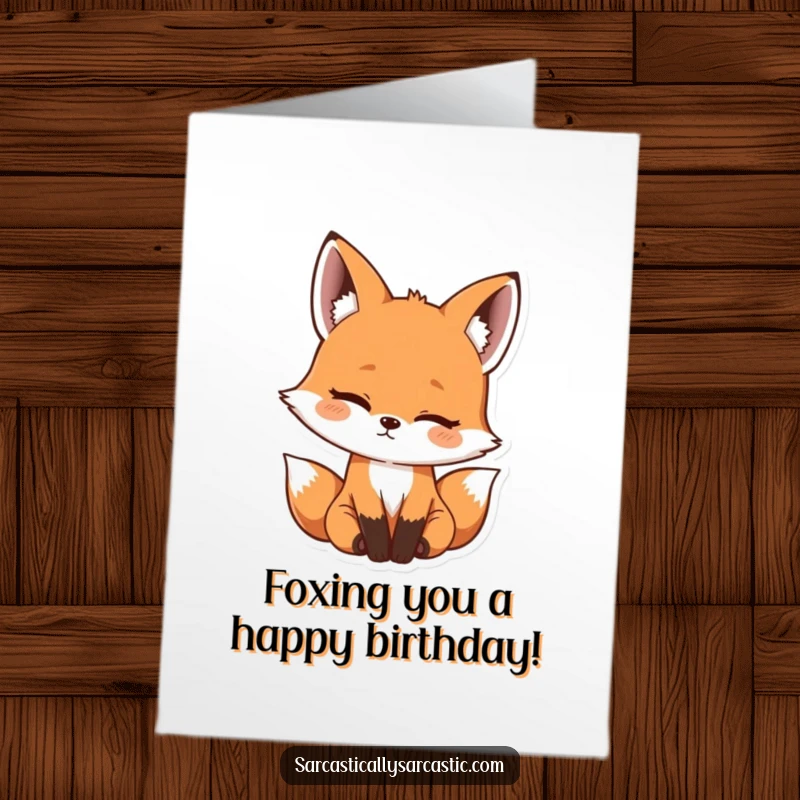 Funny Free Printable Birthday Card featuring a cute kawaii fox tilting its head with an amused expression, ready to celebrate.
