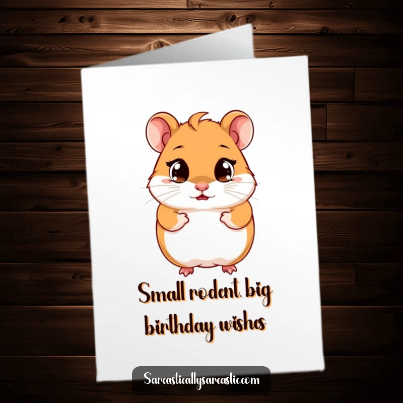 Funny Free Printable Birthday Card featuring a cute hamster with a knowing smirk and bright, observant eyes, ready to party.