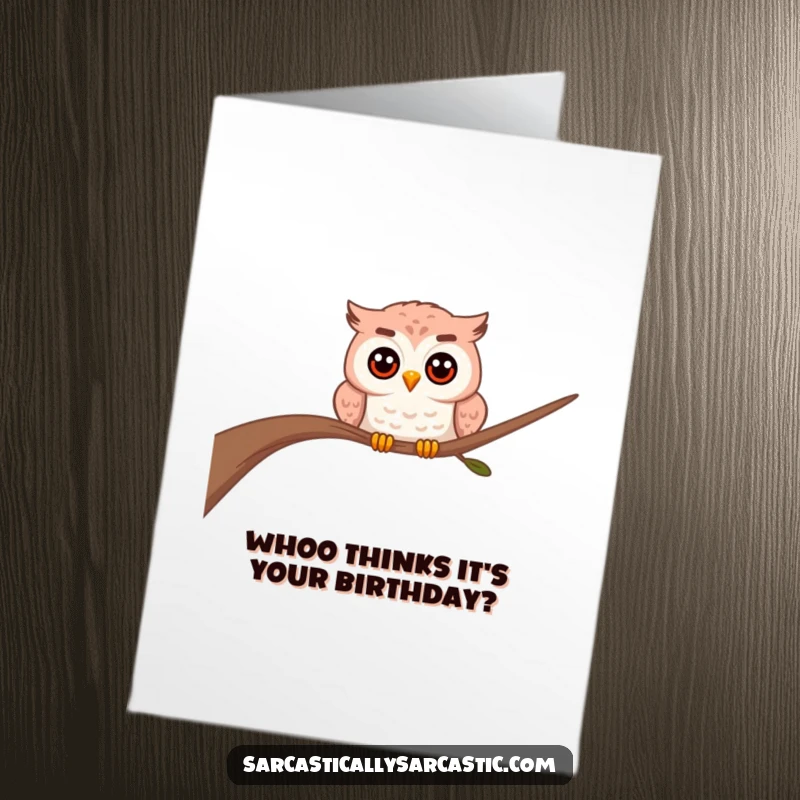 Funny Free Printable Birthday Card featuring a curious owl character peering from behind a branch, observing the birthday festivities.