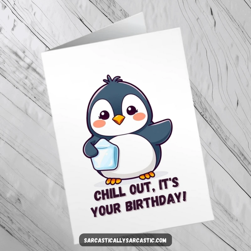 Free Printable Birthday Card with a cute kawaii penguin character holding a single ice cube and sporting a subtle, knowing smirk.
