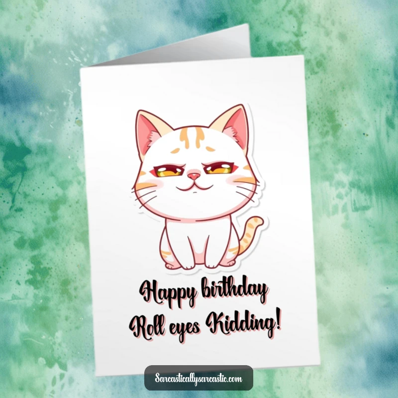 Funny Free Printable Birthday Card featuring a kawaii cat character making a comically exaggerated rolling eye expression.
