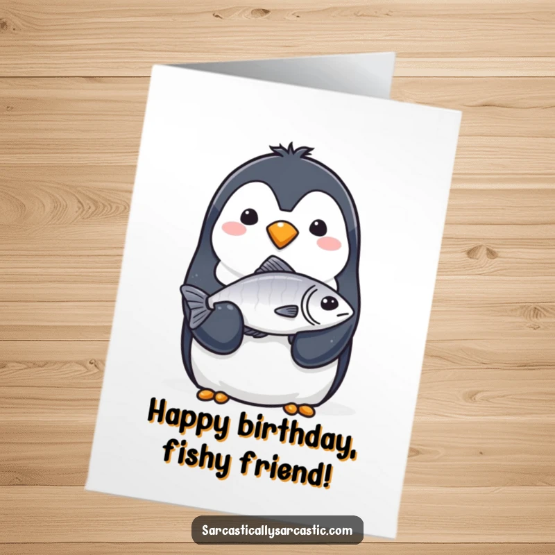 Funny Free Printable Birthday Card: a penguin with a completely straight face offers a single, slightly limp fish. A deadpan DIY gift.