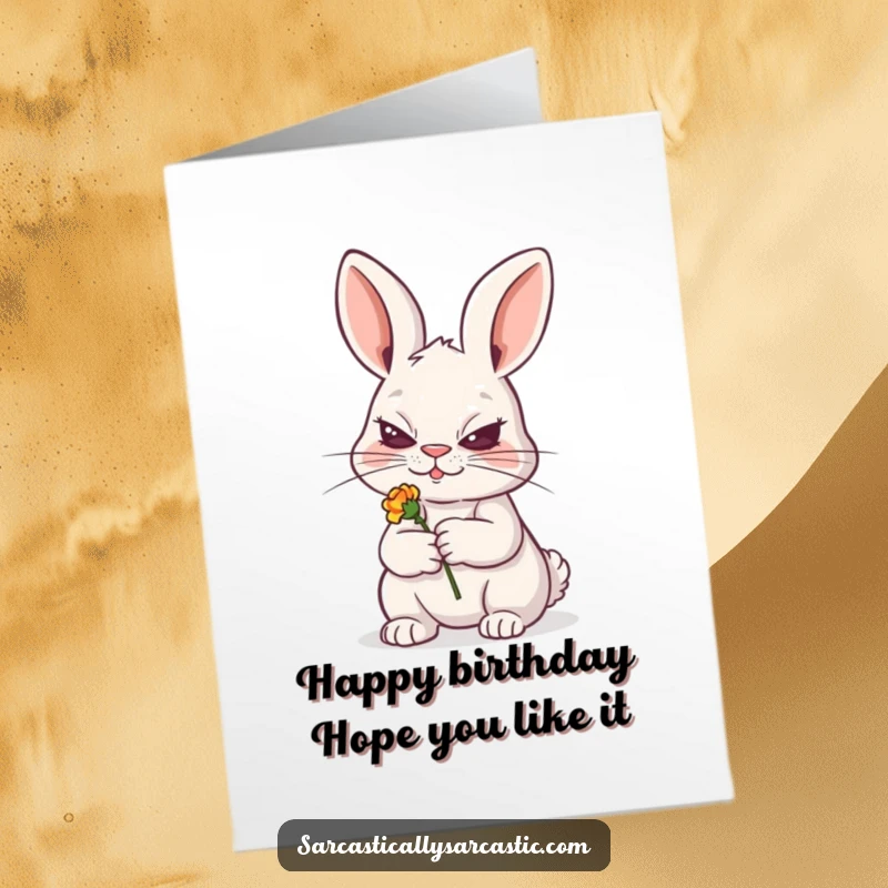 Funny Free Printable Birthday Card: Rabbit with a sly grin, holding a tiny, wilted flower, mischievous.