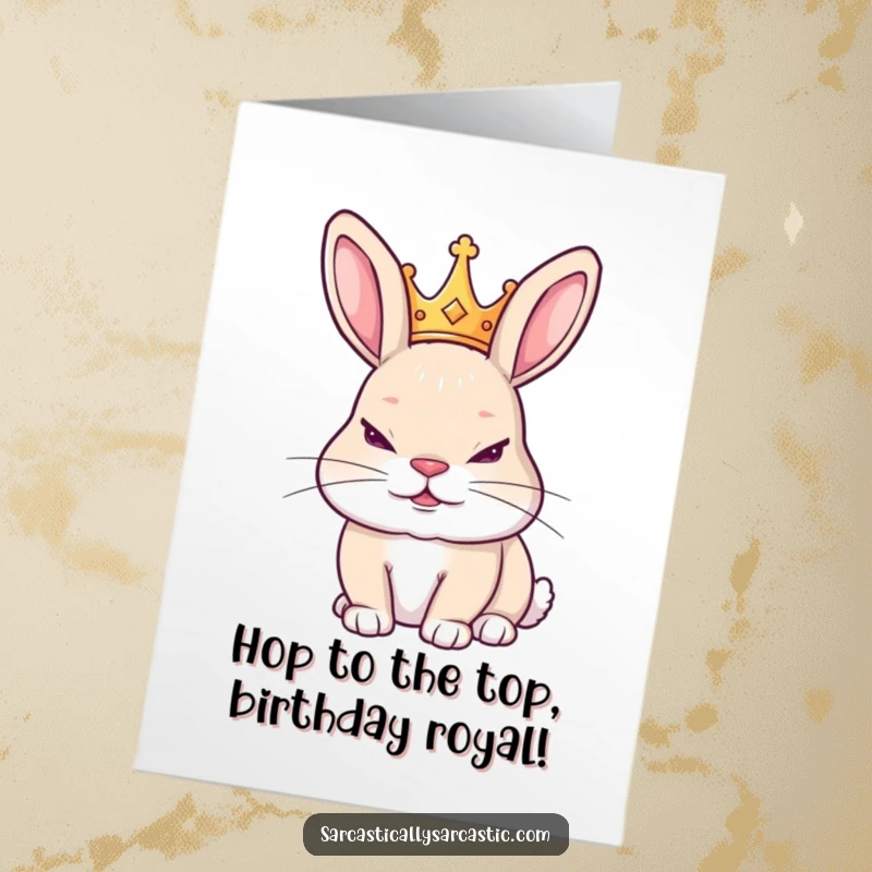 Funny Free Printable Birthday Card: Slyly grinning rabbit wearing a tiny crown, exuding regal mischief and birthday cheer.