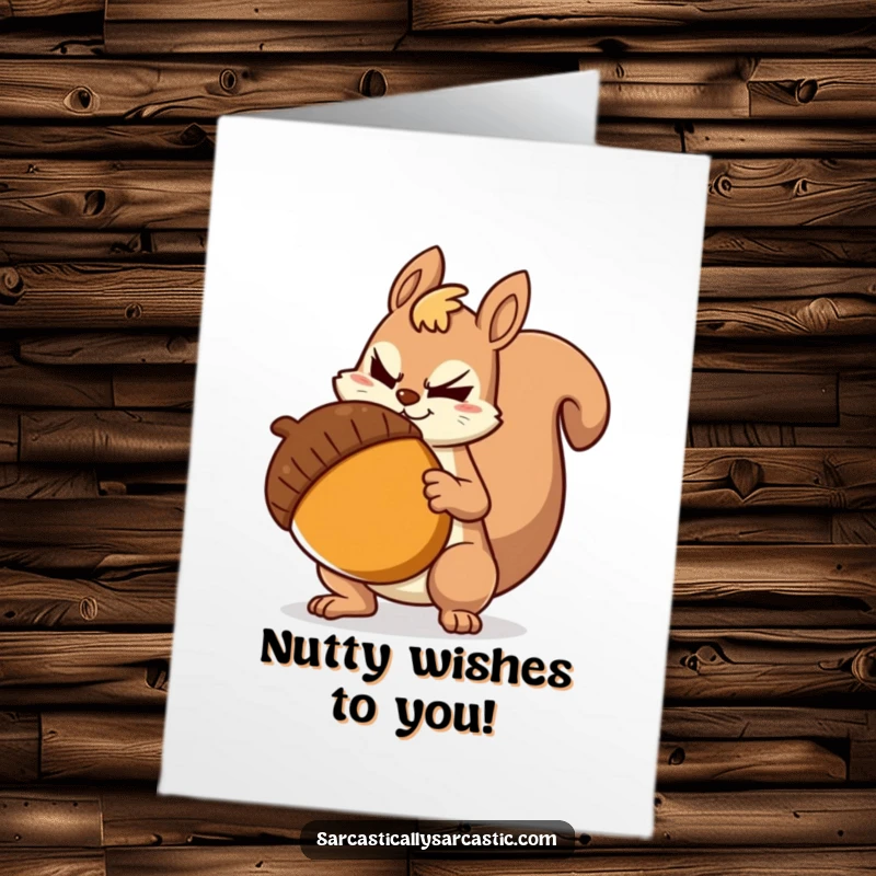 Funny Free Printable Birthday Card: Sarcastic squirrel with a smirk, clutching a giant acorn, wishing a nutty birthday.