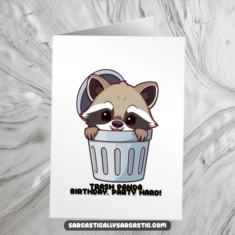 Free Printable birthday card featuring a cheerful raccoon peeking from a trash can with a mischievous smirk.